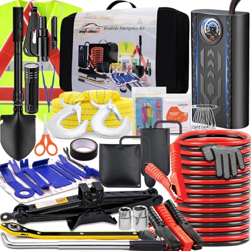 Car Emergency Roadside Kit with Scissor Jack, Air Compressor, Jumper Cables, Car Safety Kit, Air Wedge Bag Pump