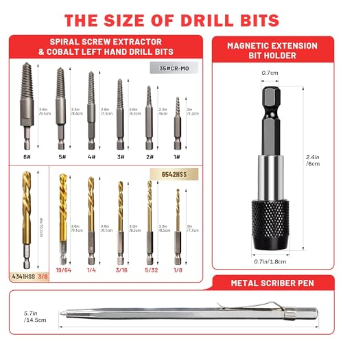 14PCS Spiral Screw Extractor Set with Tungsten Carbide Tip Scriber Pen, Left Hand Drill Bits Set 6542/4341 HSS Steel Cobalt with 1/4'' Adapter, Removing Stripped Screws Bolts - size: Upgarded Kit-14PCS with Tungsten Pen