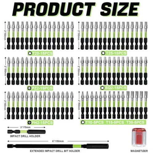 Magnetic Screwdriver Bit Set, 93-Piece Impact Ready S2 Steel Driver Bits with Magnetizer, Extension Bars, for Automotive, Repair & DIY Projects (PH/PZ/SQ/T/Torx) - size: Mixed with Storage Box with 93PCS