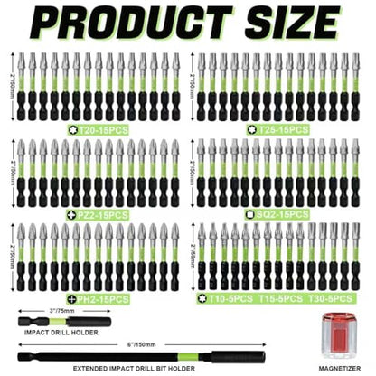 Magnetic Screwdriver Bit Set, 93-Piece Impact Ready S2 Steel Driver Bits with Magnetizer, Extension Bars, for Automotive, Repair & DIY Projects (PH/PZ/SQ/T/Torx) - size: Mixed with Storage Box with 93PCS