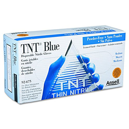Ansell Touch n Tuff 92-675 Disposable Nitrile Gloves Chemical Protection, Latex-Free, Powder-Free Glove for Food Preparation, Mechanics or DIY Applications, Blue, Size Medium, Case of 100 Units