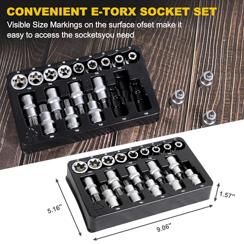 TOPLINE 19-Piece 1/2” Drive E-Torx Socket Set and Torx Bit Socket Set, with Storage case, Premium CR-V Steel, E10-E24, T20-T70, E Socket Set for Mechanic and Home Repair