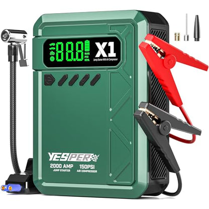 YESPER Jump Starter with Air Compressor 2000A 150PSI Battery Jumper Starter Portable(8L Gas/6L Diesel), 12V Car Jump Pack Battery Charger Jump Box with Jumper Cables, LCD Display, Lights - color: Green