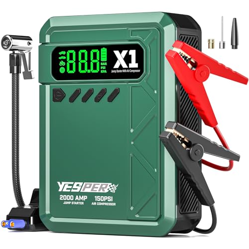 YESPER Jump Starter with Air Compressor 2000A 150PSI Battery Jumper Starter Portable(8L Gas/6L Diesel), 12V Car Jump Pack Battery Charger Jump Box with Jumper Cables, LCD Display, Lights - color: Green