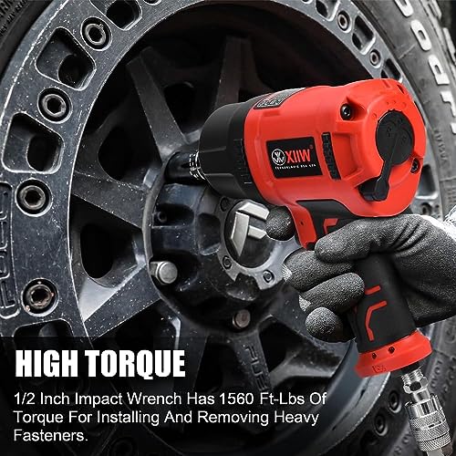 XIIW 1/2 Inch Air Impact Wrench, Max Torque 1560 ft-lbs, Lightweight 4.4 lb | Heavy Duty 8000RPM 1/2 Air Impact Gun Driver, Twin Hammer Pneumatic Impact Wrench for Automobile Repair - size: 1/2 inch | 1560 ft-lbs