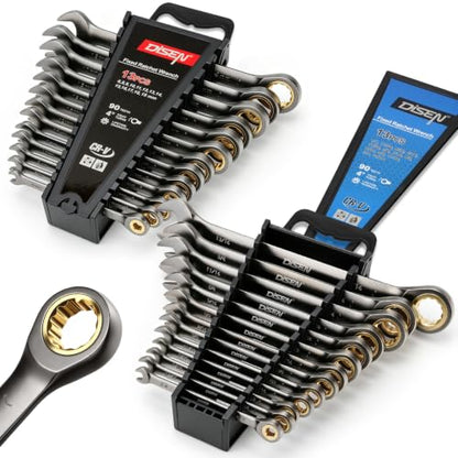 DISEN 26 Piece Ratcheting Wrenches Set 90 Teeth, Combination Wrenches Set Metric 6MM-19MM and SAE 1/4 Inch-13/16 Inch, Cr-V Steel, Ratchet Set Nickel Plating with Organizer Visit the Store