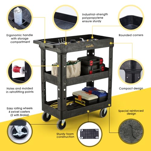 ELAFROS 3-Shelf Heavy Duty Plastic Rolling Utility Cart, 34 x 17 x 38.5 in | 550 lbs Capacity, Deep Shelves, 4 Swivel Wheels, Service Cart, Tool Cart, Work Cart, Garage Warehouse Shop Storage Organizer