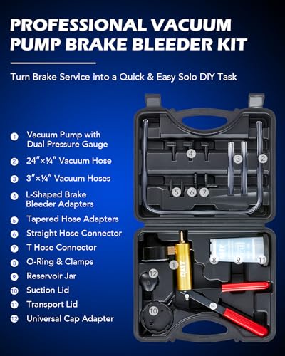 OMT One-Man Brake Bleeding Kit with Hand Vacuum Pump and Dial Gauge, Black | High Grade Aluminum Alloy Fluid Evacuation System; Resilient PVC Tubing and Connectors; Great for Multi-Vehicle Servicing - color: Black