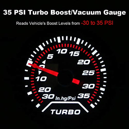 WATERWICH 35 PSI Turbo Boost/Vacuum Gauge Meter Kit Includes Mechanical Hose & T-Fitting - Black Dial - Clear Lens 2" 52mm 12V Universal for Car Truck