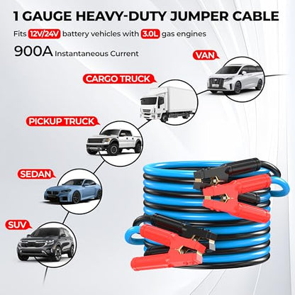 1 Gauge 25 Feet Jumper Cables Heavy Duty for Car, 900 Amp Automotive Booster Battery Jumper Cables for SUV and Trucks with Carry Bag, Gloves, Brushes - size: 1 Gauge 25FT