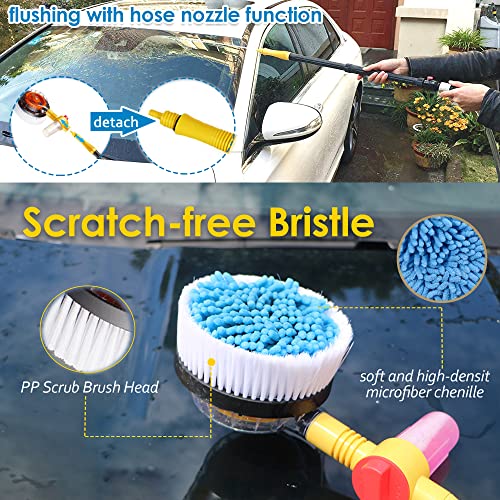 Rotating Car Wash Brush with Soap Dispenser, Automatic Rotary Car Wash Mop Soft Exterior Car Cleaning Brush Kit Garden Hose Flow Through Scrub Brush to Wash Car Truck RV (Long Handle)