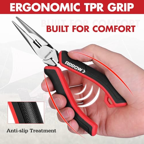 ARROW Needle Nose Pliers, 6-inch Long Nose Cutting Pliers with Wire Cutter, Comfortable TPR Handle, High Carbon Steel, High Leverage Diagonal Design - size: 6 Inch