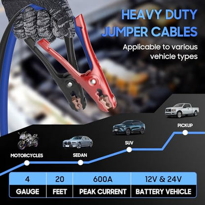Heavy Duty Jumper Cables, 4 Gauge 20 Feet 600Amp Automotive Booster Cables for 12V & 24V Cars, SUVs and Trucks, Jumper Cables Kit (4AWG x 20Ft) - size: 4Gauge x 20Ft