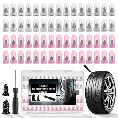 60 PCS Tire Plugs Screw Type, Tire Repair Screws Kit with 2 Sizes & Screwdriver, Screw in Tire Plugs for Fast Puncture Repair, Tire Repair Tool for Car, Truck, Motorcycle & Tractor