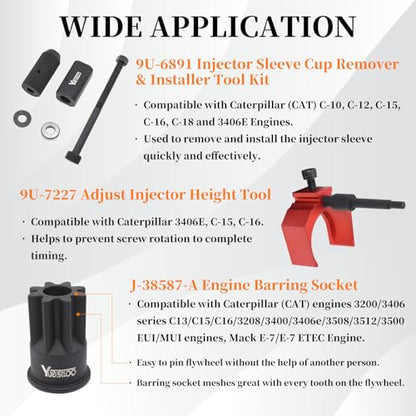9U-6891 Injector Sleeve Remover Installer Set + J-42083 Automatic Timing Pin + 9U-7227 Injector Height Tool + J-38587-A Engine Barring Socket Fits for CAT Caterpillar 3406E C15 C16 Engines - size: 9pcs
