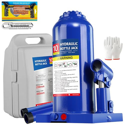 10T Hydraulic Bottle Jack, 20,000 lbs, with Tire Kit | Welded steel jack for box trucks & farm equipment. 9.06"-17.32" lift. Carry case. - color: 10 Ton Basic with Tire Repair Kit