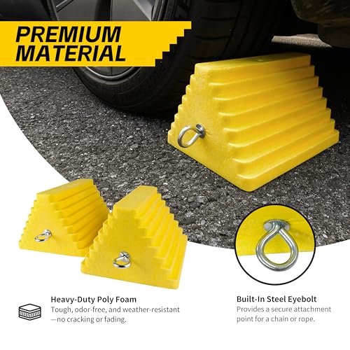 MaxxHaul 51169 Polyfoam Wheel Chocks with Steel Eyebolt – 2-Pack – 10″ × 8″ × 6″ Heavy-Duty Structural Foam – Bright Yellow – Vehicle & Trailer Safety for Cars, Trucks, RVs, Boats, ATVs - size: 10" X 8" X 6" (yellow)