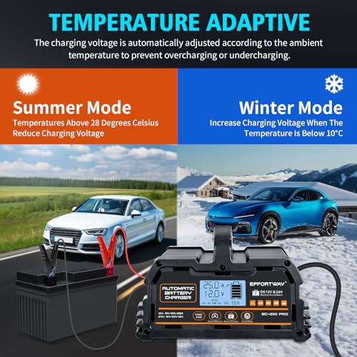 25A Battery Charger, 12V/24V Lead Acid, 12V LiFePO4. Smart Battery Charger with Trickle Charge. Car Battery Maintainer with LCD Display. Suitable for Trucks, Motorcycles - size: 25A