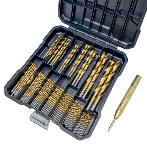 Drill Bit Set, 99-Piece Metal Drill Bits, High Speed Steel Titanium HSS Twist Drill Bits Set with Storage Case & Center Punch for Wood/Steel/Aluminum/Plastic/Fiberglass Size, 1/16 to 3/8 Inch