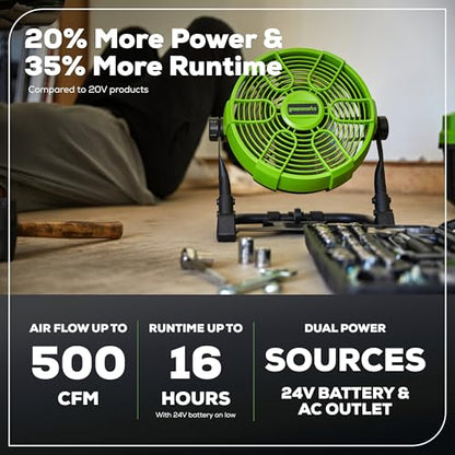 Greenworks 24V 10" (5-Speed) Hybrid Fan (500 CFM) and 500 Lumens Lantern, with 2×2.0Ah Battery and Charger - size: 2PCS Combo Kits(Fan+Camping Light)