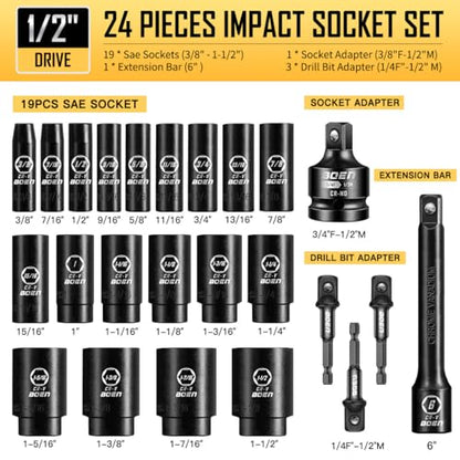boen 1/2” Drive SAE Impact Socket Set, 3/8" to 1-1/2" Deep Socket, 6-Point Hex Socket with Portable Case, Rugged Construction, CR-V Steel, 24PCS