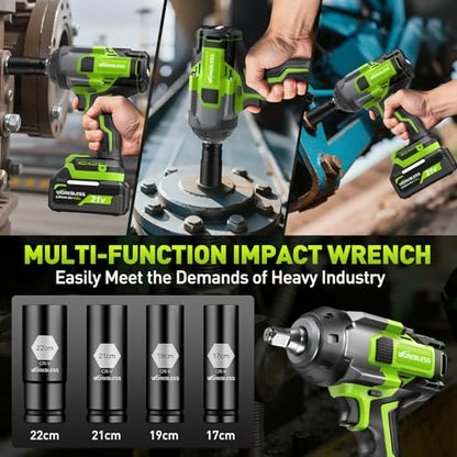 Cordless Impact Wrench 1/2 Inch, Max 1500Nm (1100Ft-lbs) Brushless High Torque Power Impact Gun with 4Ah Battery & Charger for Car Tire, Construction Work, Mower Lug Nut, 4 Sockets - style: 1500N.m with 2 Battery