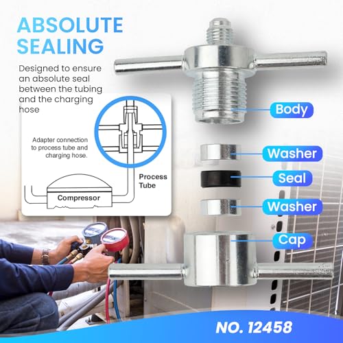 12458 HVAC Process Tube Adapter Kit for 3/16", 1/4", 5/16", 3/8" Copper Tubing, Leak-Free Charging Line Connector, A/C Refrigeration Service Tool with Storage Case