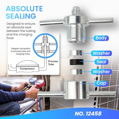 12458 HVAC Process Tube Adapter Kit for 3/16", 1/4", 5/16", 3/8" Copper Tubing, Leak-Free Charging Line Connector, A/C Refrigeration Service Tool with Storage Case