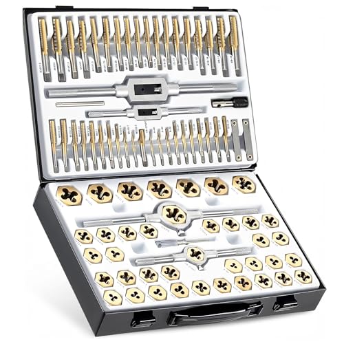 86-Piece Titanium-Coated Tap and Die Set – Professional Threading Tool Kit in SAE & Metric Sizes, HSS Thread Cutting & Rethreading Set for Automotive, Metalwork, Machinery, Plumbing & Repair Projects - size: 86 Pcs Professional Metric&SAE
