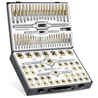 86-Piece Titanium-Coated Tap and Die Set – Professional Threading Tool Kit in SAE & Metric Sizes, HSS Thread Cutting & Rethreading Set for Automotive, Metalwork, Machinery, Plumbing & Repair Projects - size: 86 Pcs Professional Metric&SAE