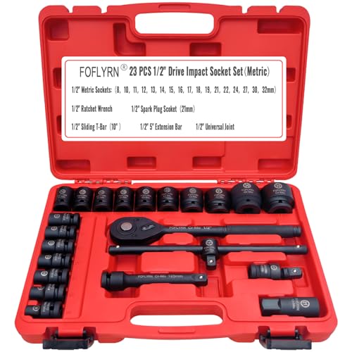 1/2" Drive Impact Socket Set,6-Point Metric Socket Set (8-32mm),23PCS Cr-Mo Material High Durability Deep Socket Set with Ratchet Wrench,Sliding T Bar,Universal Joint,Extension Bar and Storage Case. - style: 1/2" 23PCS Metric Cr-Mo