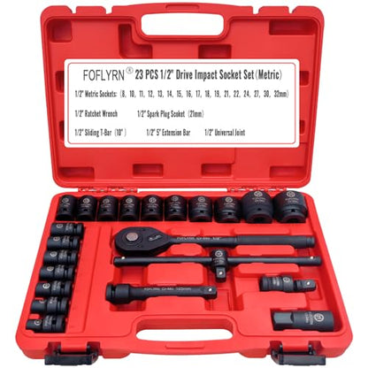 1/2" Drive Impact Socket Set,6-Point Metric Socket Set (8-32mm),23PCS Cr-Mo Material High Durability Deep Socket Set with Ratchet Wrench,Sliding T Bar,Universal Joint,Extension Bar and Storage Case. - style: 1/2" 23PCS Metric Cr-Mo