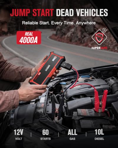 GOOLOO GP4000 4000A Peak Car Battery Jump Starter, Portable Battery Booster for Up to All Gas or 10L Diesel Engine, SuperSafe 12V Lithium Jump Box Power Pack with Jumper Cable,Red - color: red