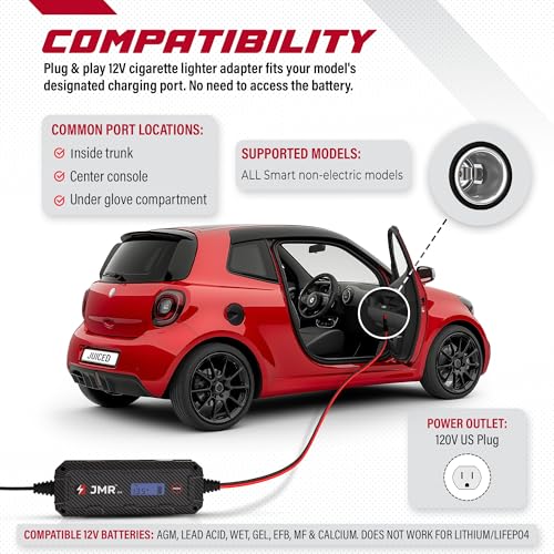 JMR 12V Battery Charger for Smart, 12V Cig. Port, No Lithium Mode | Trickle Charger Conditioner Maintainer For Crossblade Fortwo City-Coupé Forfour Roadster All Models - size: No Lithium Mode