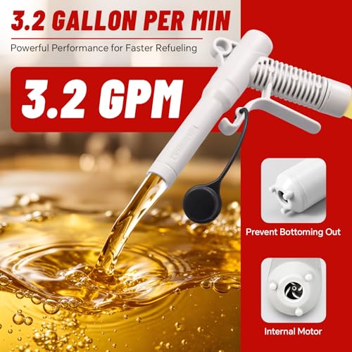 Portable Fuel Transfer Pump with Auto-Stop, 51" Extra Long Hose, 3.2 Gallon per Min, 4 Can Adapters and Leak protection, Automatic Powered Gas Pump for Oil, Diesel and Gasoline
