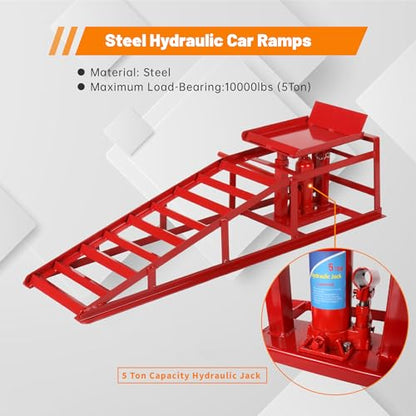 2 Pack 5T Low Profile Hydraulic Car Ramps, Red | Integrated Hydraulic Jack, Adjustable Lifting Height, High-Strength Steel, Ideal for Low Profile Vehicles, DIY Garage - size: 10000lbs/5T-Red