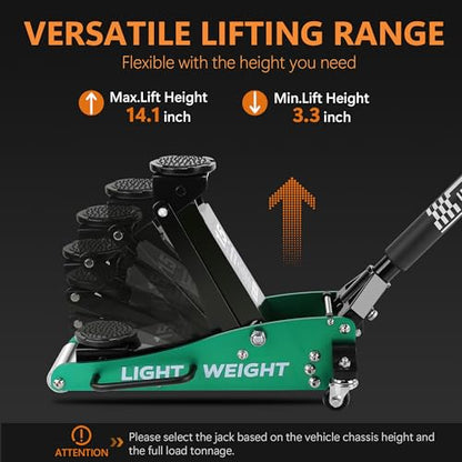 1.5T Low Profile Floor Jack, 3000 lb, Dual Pump | Lightweight aluminum & steel construction. Quick lift dual pump. Ideal for sedans and sports cars. Easy to store and move. - size: 1.5T Aluminum & Steel Green
