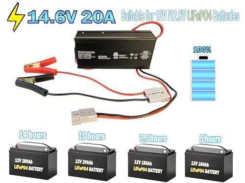 12V 20A LiFePO4 Battery Charger 14.6V LiFePO4 Charger and Maintainer for 4S 12V (12.8V) Deep Cycle Lipo Lithium Iron Phosphate Rechargeable Batteries of RV Car Boat - size: 12v 20a