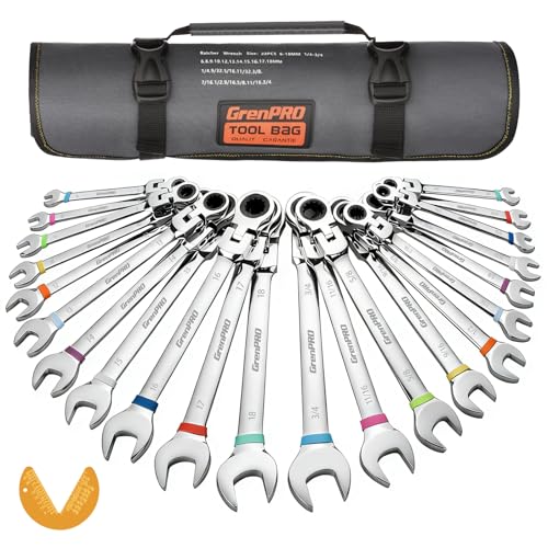 GRENPRO Ratchet Wrenches Set, 23PC Flex Head Ratcheting Wrench Set Metric and Standard & SAE, 6-18mm & 1/4" to 3/4" with Color Ring, CRV Open End Tool Organizer Pouch, Combination Ratchet Wrench Sets - style: 23PCS Flex Head Ratcheting Wrench Set Metric&S