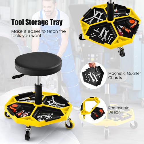 S AFSTAR Garage Shop Roller Seats, Adjustable Pneumatic Rolling Creeper Stool W/Tool Storage Tray & 4 Universal Wheels, Padded Mechanic Stool Repair Shop Stool Garage Rolling Stool (Yellow - color: Yellow