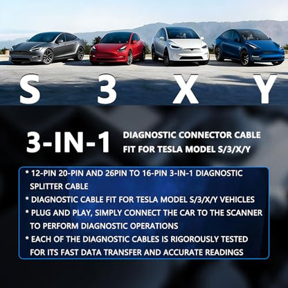 3-in-1 Diagnostic Cable for Tesla Model 3, Model Y, Model S, Model X 12-Pin, 20-Pin, 26-Pin Splitter Harness Adapter Work with Diagnostic Scanner - color: 1Pcs