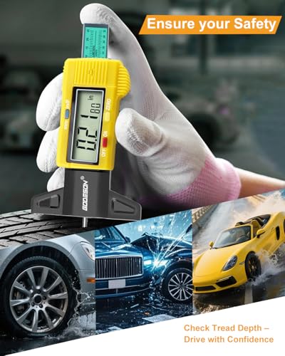 GODESON Yellow Digital Tire Tread Depth Gauge - 3 Modes (32NDS/Decimal Inch/mm), Accuray Zeroable Tread Gauge - Large LCD Display, Professional Tire Depth Measuring Tool for Cars, Motorcycles & Vans - color: Yellow