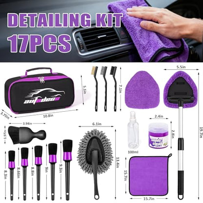Windshield Cleaner Tool, 17Pcs Car Interior Detailing Kit, Detailing Brush, Towels, Duster, Car Cleaning Kit Interior for RVs, Truck, Trailer (Purple) - color: Purple