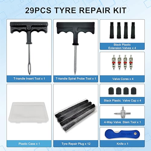 TT-M29 TubelessTire Repair Kits-29 PCS Universal,Upgrade T-HandleTyre Plug Kit Emergency Puncture Repair Kit for Cars Motorcycles… - size: 29 PCS