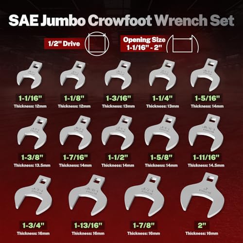 BILITOOLS 14PCS 1/2" Drive Jumbo Crows Foot Wrench Set, SAE | Big Crowfoot Wrench Set (1-1/16"-2") SAE. CR-V Steel, Mirror Chrome Finish. Fits 1/2" Drive Ratchets. - style: Sae, 1-1/16" - 2"