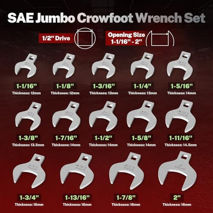 BILITOOLS 14PCS 1/2" Drive Jumbo Crows Foot Wrench Set, SAE | Big Crowfoot Wrench Set (1-1/16"-2") SAE. CR-V Steel, Mirror Chrome Finish. Fits 1/2" Drive Ratchets. - style: Sae, 1-1/16" - 2"