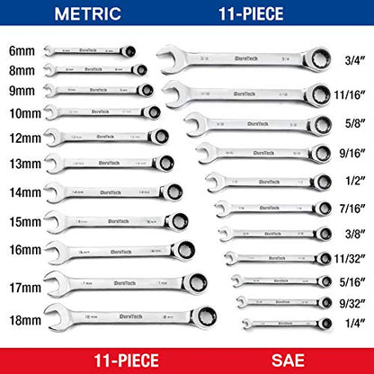 DURATECH Ratcheting Wrench Set, Combination Wrench Set, SAE & Metric, 22-piece, 1/4" to 3/4" & 6-18mm, CR-V Steel, with Pouch - style: Regular