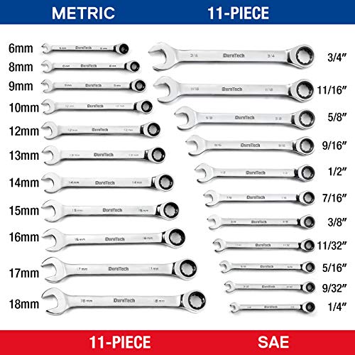 DURATECH Ratcheting Wrench Set, Combination Wrench Set, SAE & Metric, 22-piece, 1/4" to 3/4" & 6-18mm, CR-V Steel, with Pouch - style: Regular