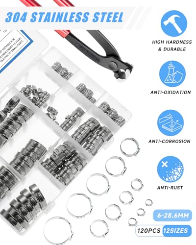 120PCS Hose Clamp Kit – 304 Stainless Steel Single Ear Clamps, 12 Sizes (5.3mm-28.6mm / 3/16"-1-1/8") with Pincer & Case – for Automotive, Plumbing, Farm, Garden, Lawn & Industrial Pipes