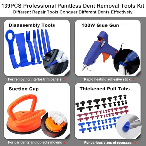 Paintless Dent Repair Kit Professional Auto Body Puller Tool-139 Pcs | Features 2-in-1 slide hammer, bridge puller, 100W glue gun, and 62 tabs for hail damage and door dings - size: Dent Puller Kit-139 Pcs
